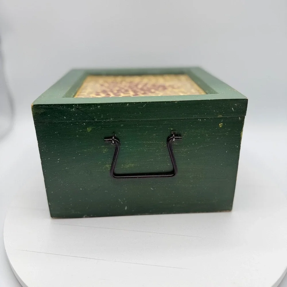 Vintage Wooden Green Lidded Box w/ Tile Mosaic Heart Cottagecore Country Chic